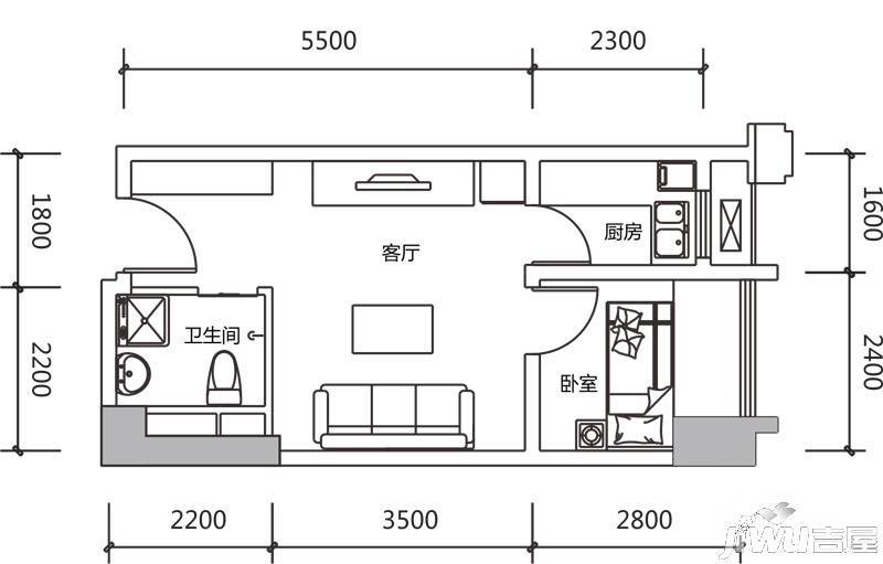 龙城国际1室1厅1卫36.5㎡户型图