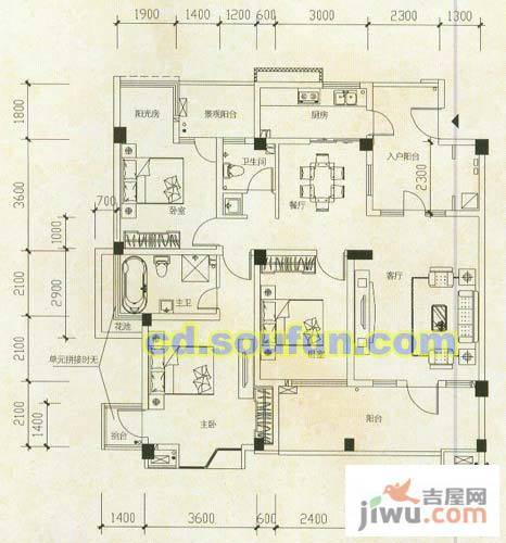 龙城一号3室2厅2卫128㎡户型图