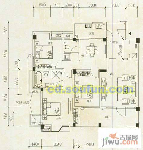 龙城一号3室2厅2卫125㎡户型图