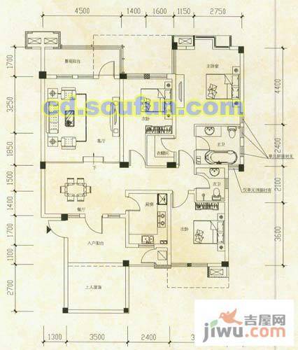 龙城一号3室2厅2卫136㎡户型图