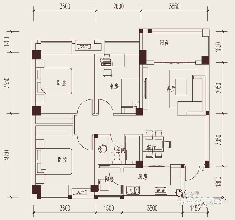 新界五期3室2厅1卫89㎡户型图