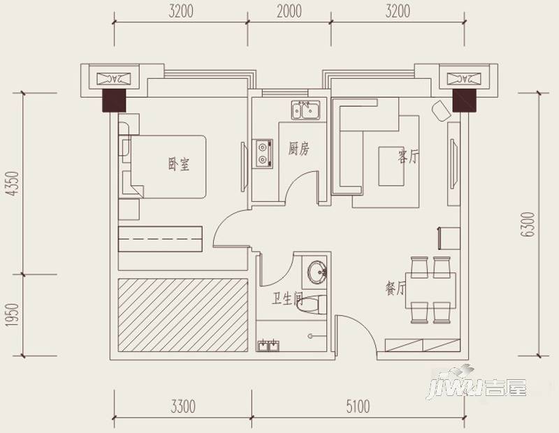 新界五期1室2厅1卫58㎡户型图