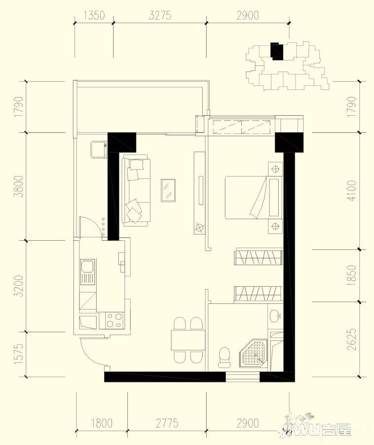 恒大都汇华庭1室2厅1卫88㎡户型图