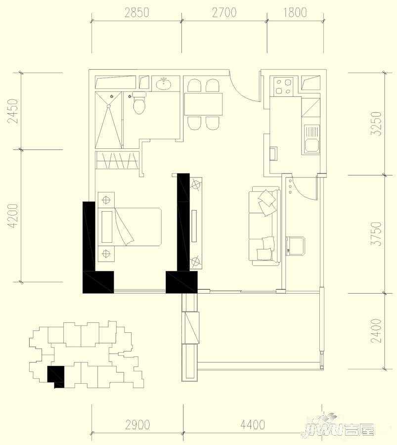 恒大都汇华庭1室2厅1卫68㎡户型图