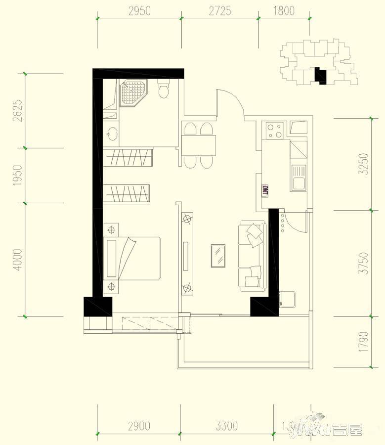 恒大都汇华庭1室2厅1卫80㎡户型图