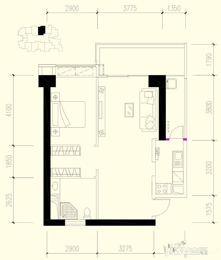 恒大都汇华庭1室2厅1卫91㎡户型图