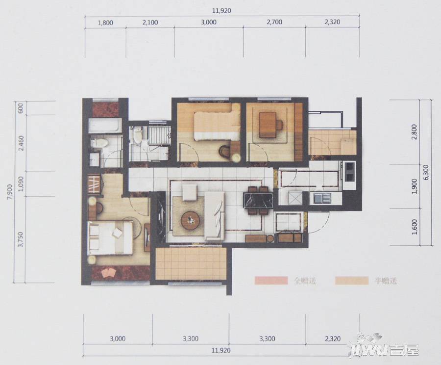 乐天圣苑3室2厅2卫88㎡户型图