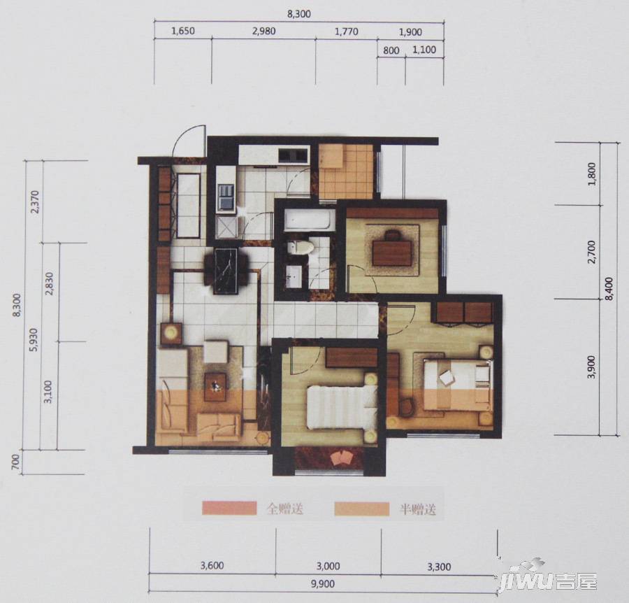 乐天圣苑3室2厅1卫88㎡户型图