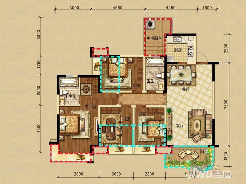 保利198拉斐公馆4室2厅2卫124㎡户型图