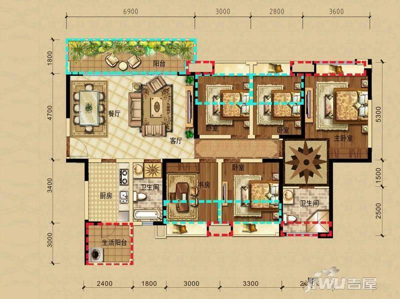 保利198拉斐公馆5室2厅2卫144㎡户型图