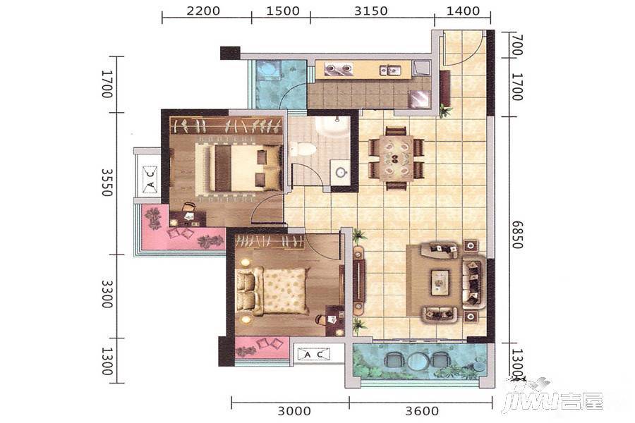 博闻时代锦寓2室2厅1卫78㎡户型图