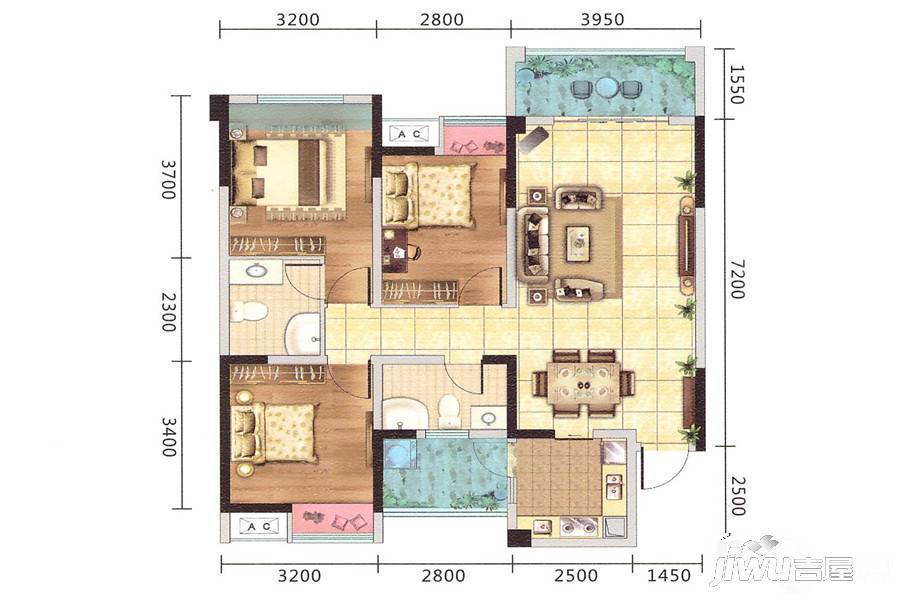 博闻时代锦寓3室2厅2卫99㎡户型图