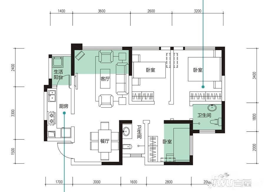 翔宇榜样3室2厅2卫76㎡户型图