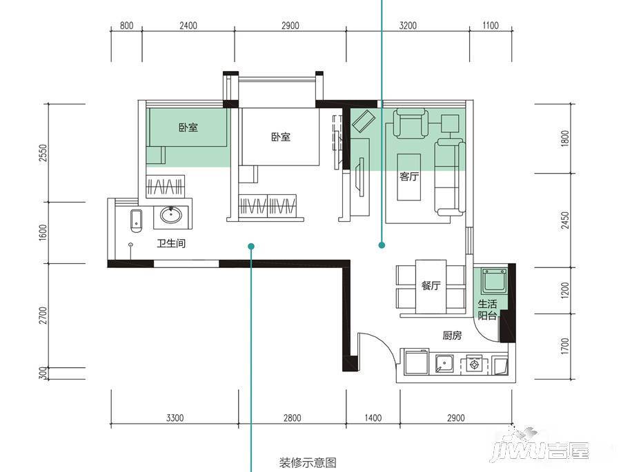 翔宇榜样2室2厅1卫55㎡户型图