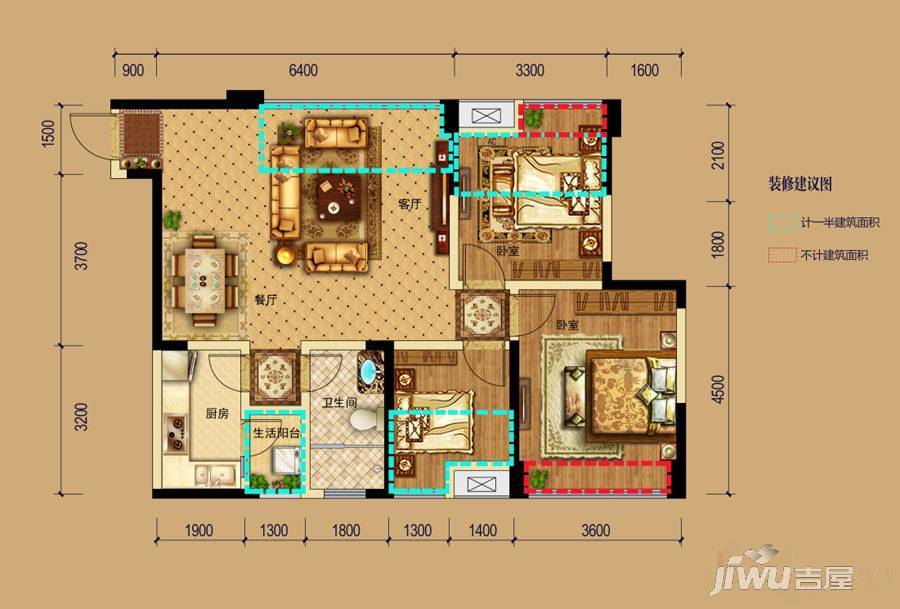 保利狮子湖红杉郡3室2厅1卫90㎡户型图