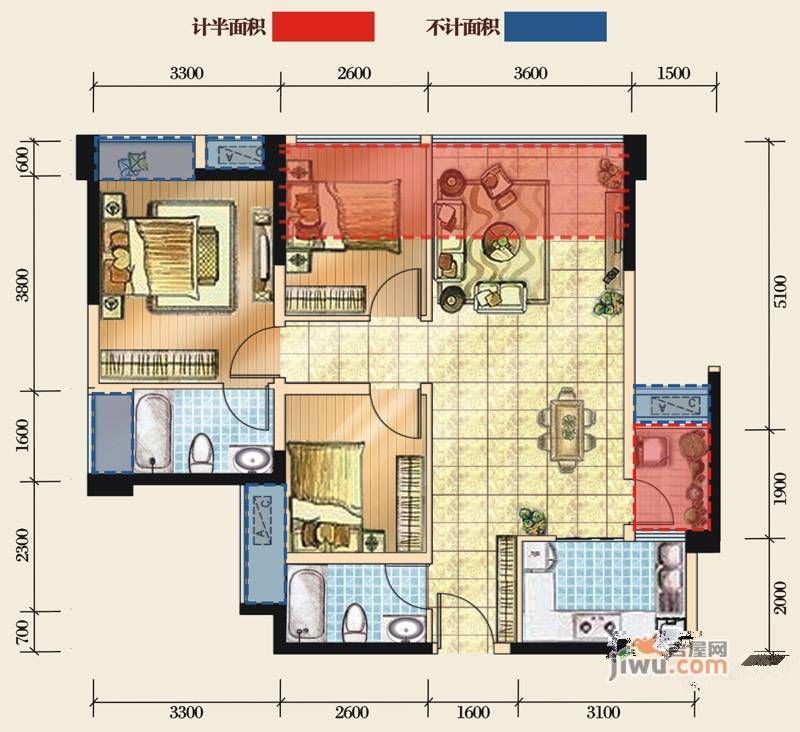 COCO锦绣3室2厅2卫86㎡户型图