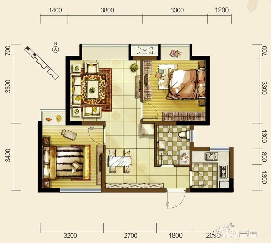 双发东城印象2室2厅1卫68㎡户型图