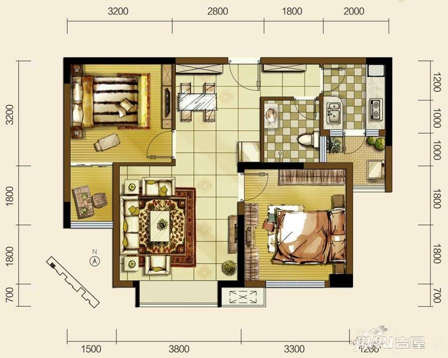 双发东城印象1室2厅1卫72.5㎡户型图