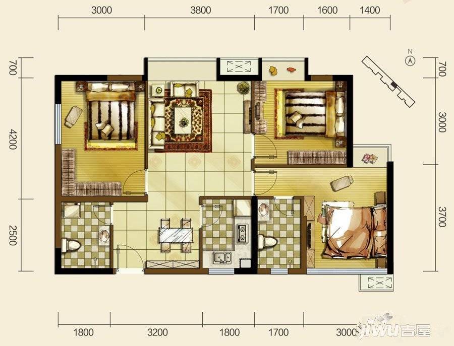 双发东城印象3室2厅2卫88.2㎡户型图