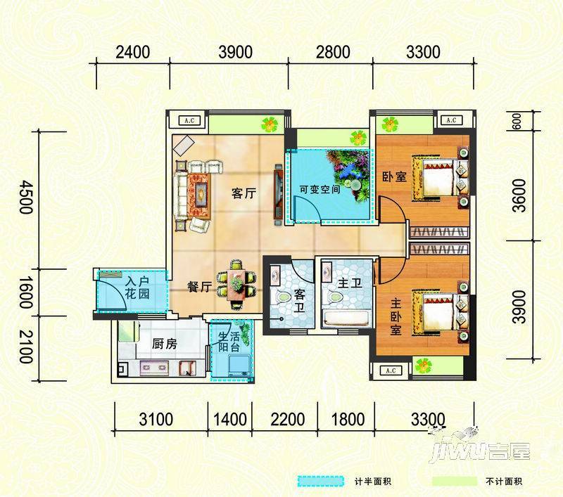 林溪美城3室2厅2卫89.3㎡户型图