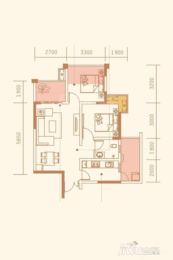 恒昌格兰郡2室2厅2卫74.3㎡户型图