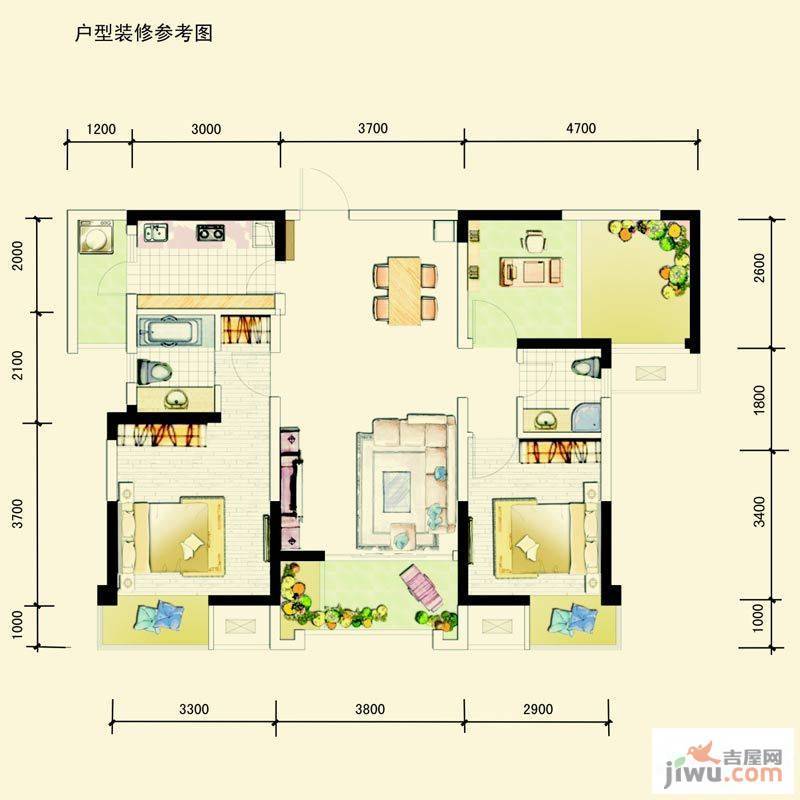 中信未来城2室1厅2卫90.7㎡户型图