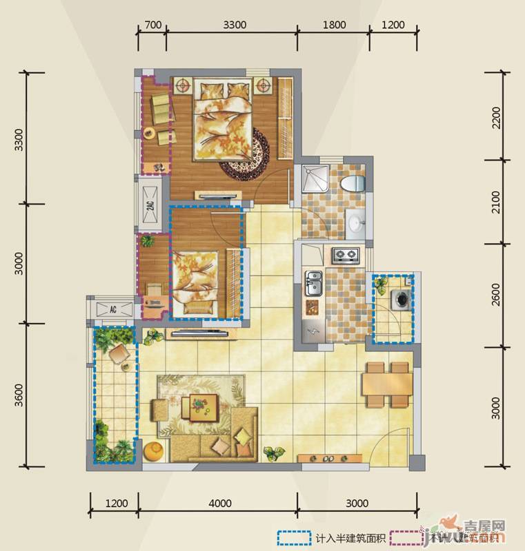 傲城商铺2室2厅1卫66㎡户型图