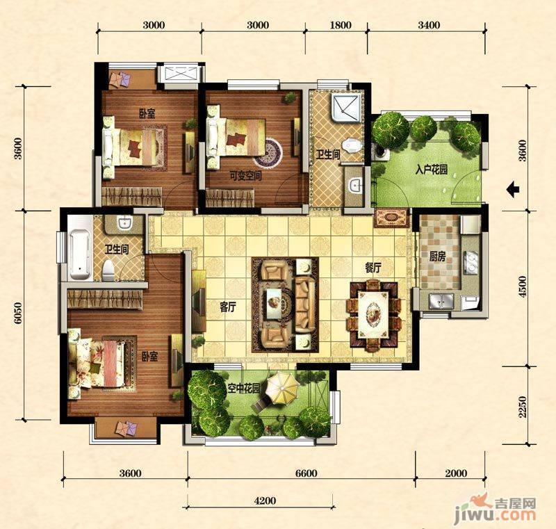 润扬北城1号3室2厅2卫102.3㎡户型图