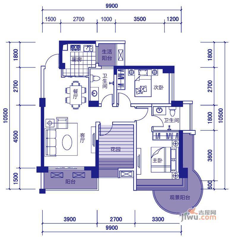 戛纳湾2室2厅2卫89.8㎡户型图