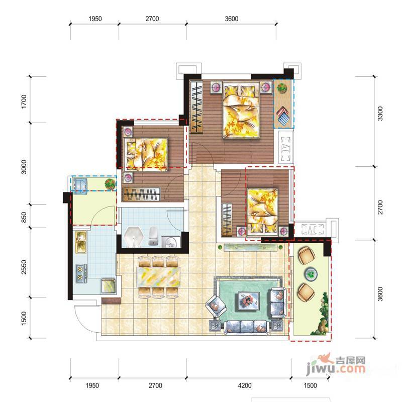 龙腾东麓城3室2厅1卫83.8㎡户型图