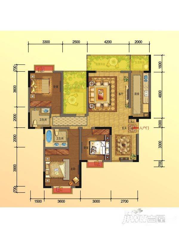 贵通御苑心悦城3室2厅2卫126㎡户型图