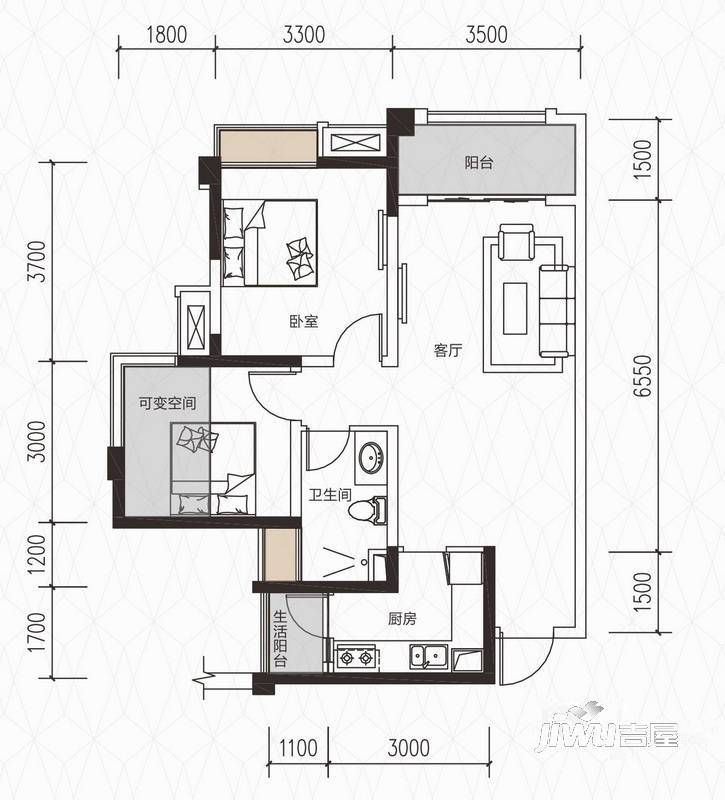 绿地468公馆2室2厅1卫77㎡户型图