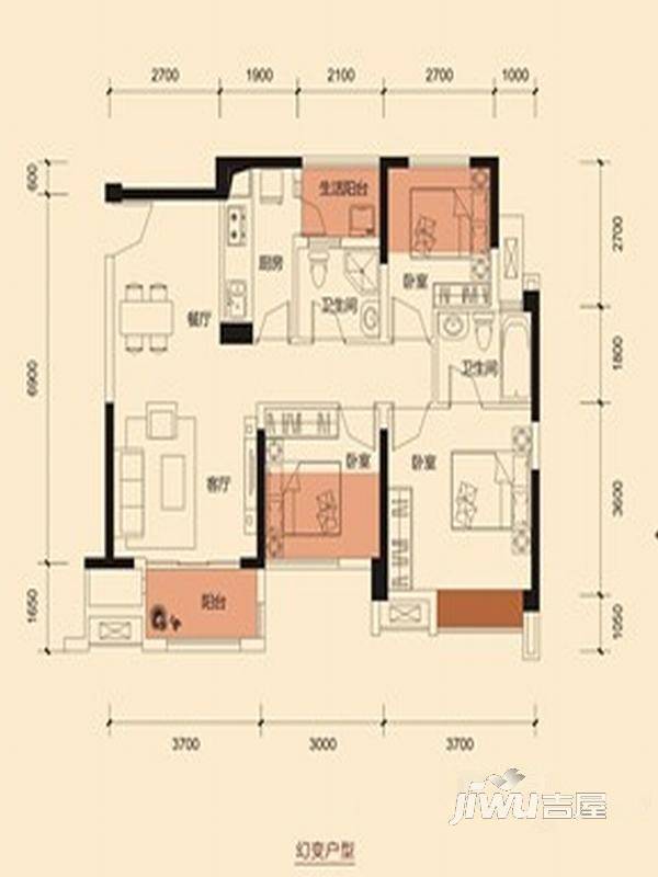 华宇天府花城3室2厅2卫92.5㎡户型图