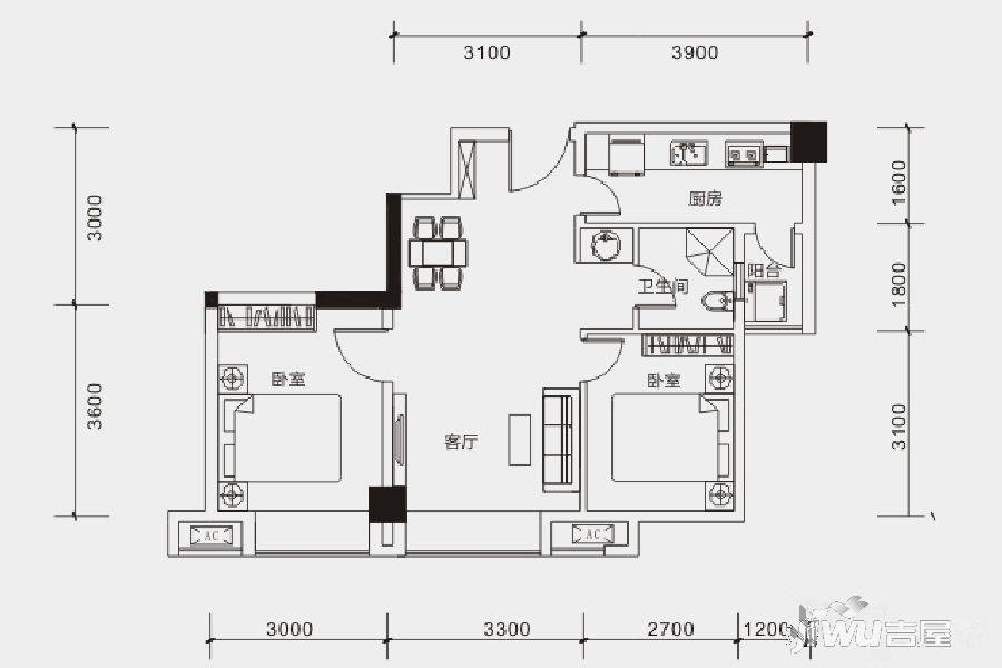 楠汇坊2室1厅1卫63㎡户型图