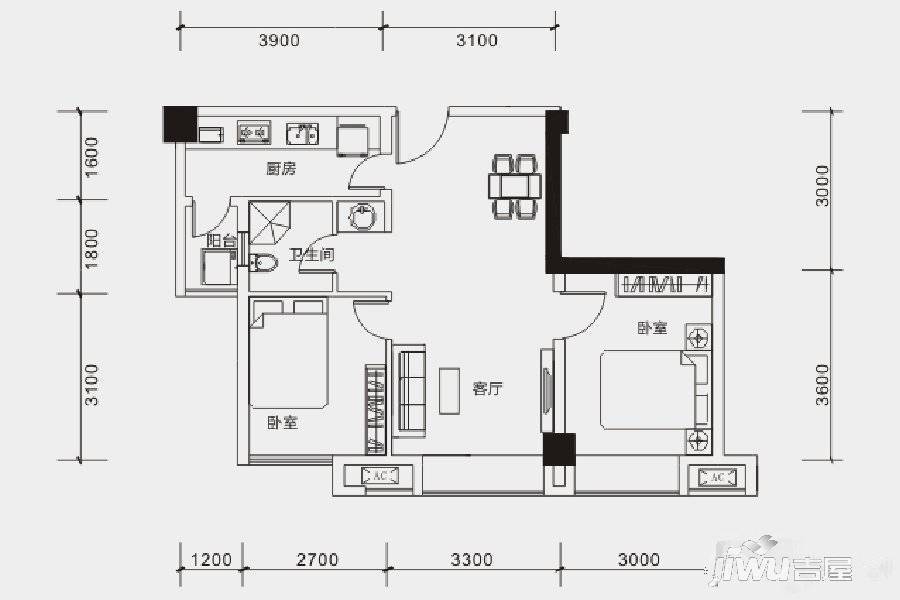 楠汇坊2室1厅1卫65㎡户型图