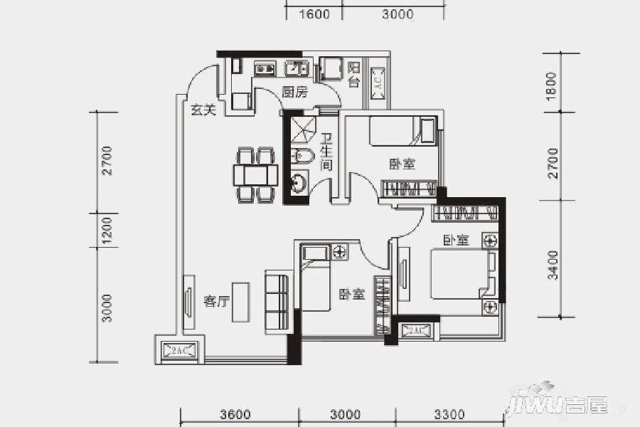 楠汇坊3室1厅1卫80㎡户型图