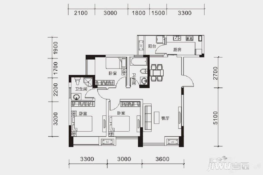 楠汇坊3室1厅2卫89㎡户型图