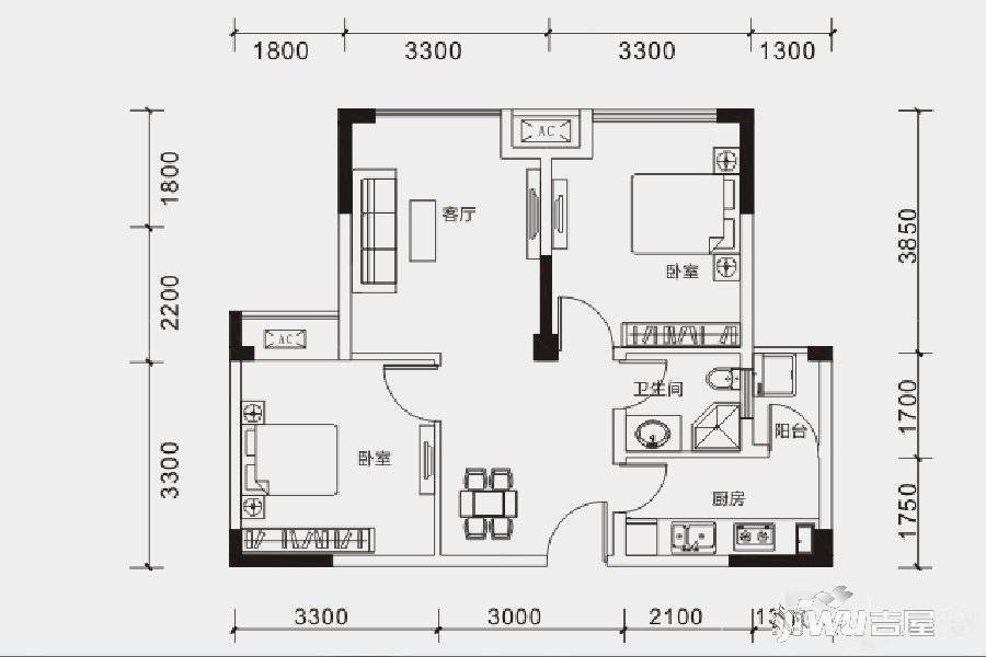 楠汇坊2室1厅1卫65㎡户型图