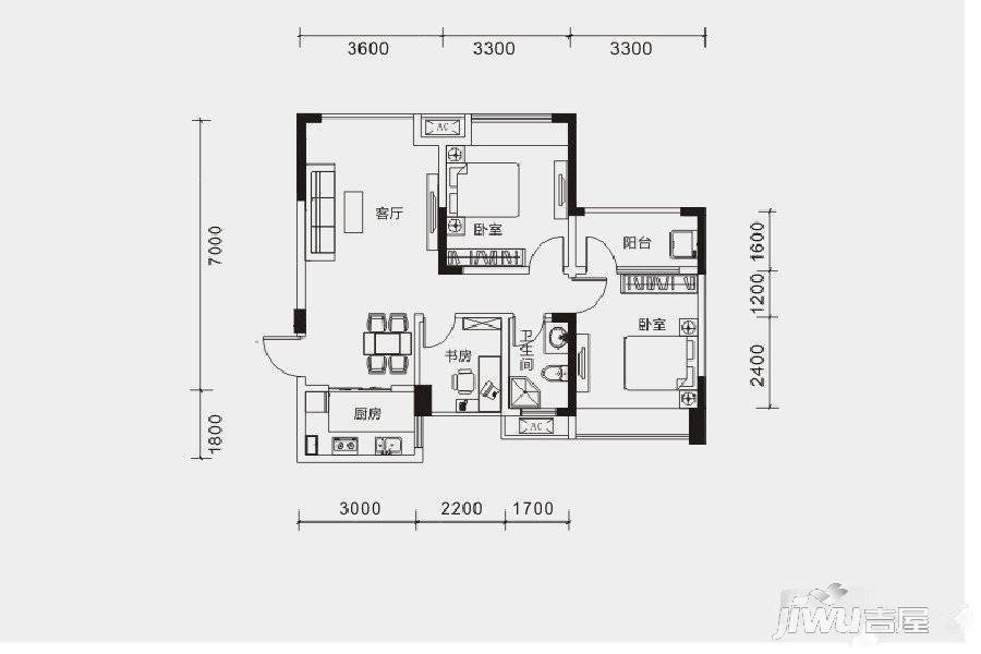 楠汇坊2室1厅1卫78㎡户型图