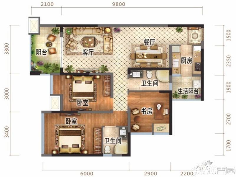 万锦城3室2厅2卫94㎡户型图