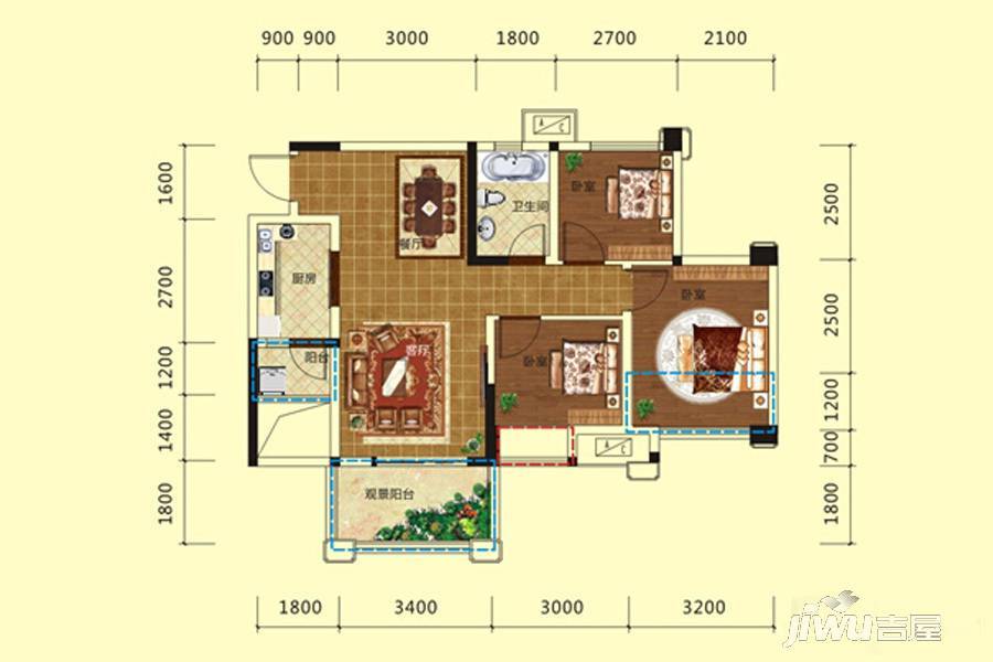 天立香缇华府3室2厅1卫80㎡户型图