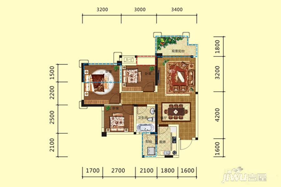 天立香缇华府3室2厅1卫78㎡户型图