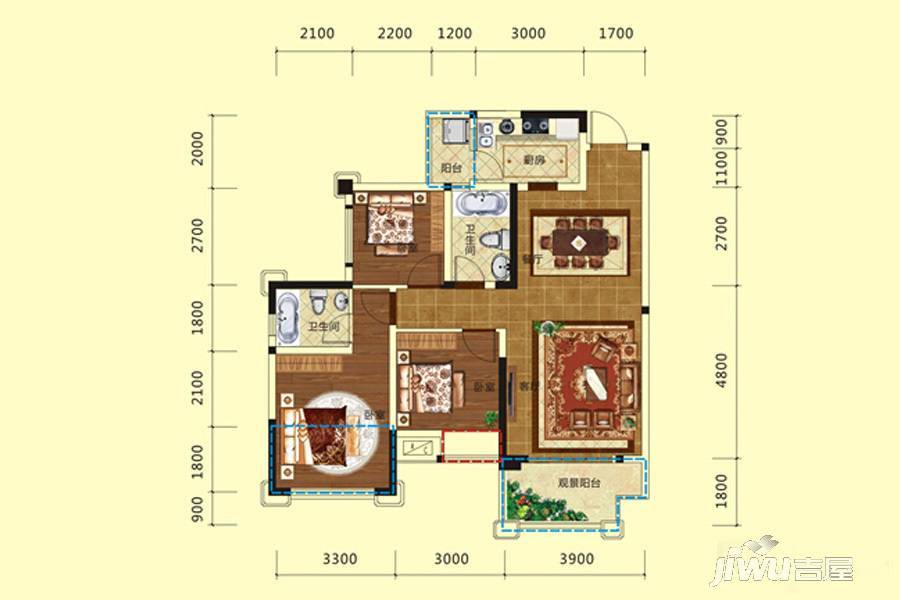 天立香缇华府3室2厅2卫100㎡户型图