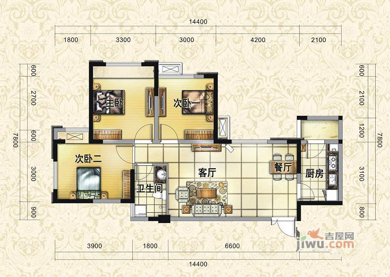 巴黎都市3室2厅1卫75.7㎡户型图