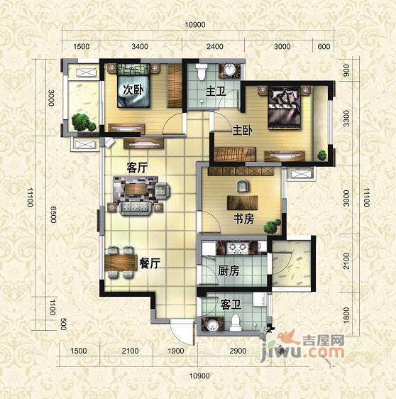 巴黎都市2室2厅2卫84.3㎡户型图