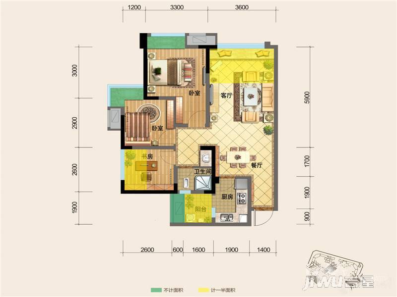 源上湾国际社区3室2厅1卫84.5㎡户型图