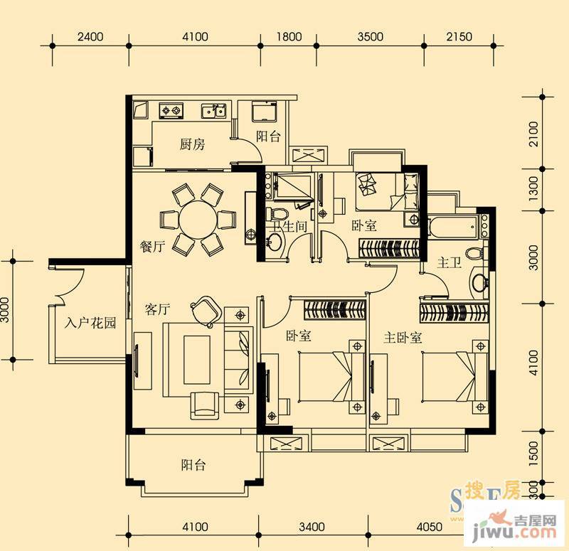 富力桃园金街3室2厅2卫127㎡户型图