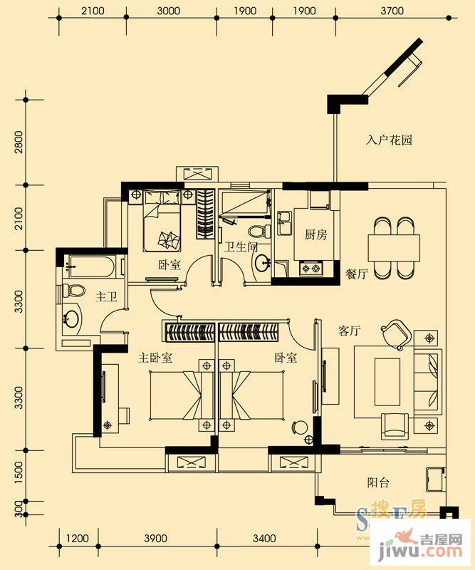 富力桃园金街3室2厅2卫129㎡户型图