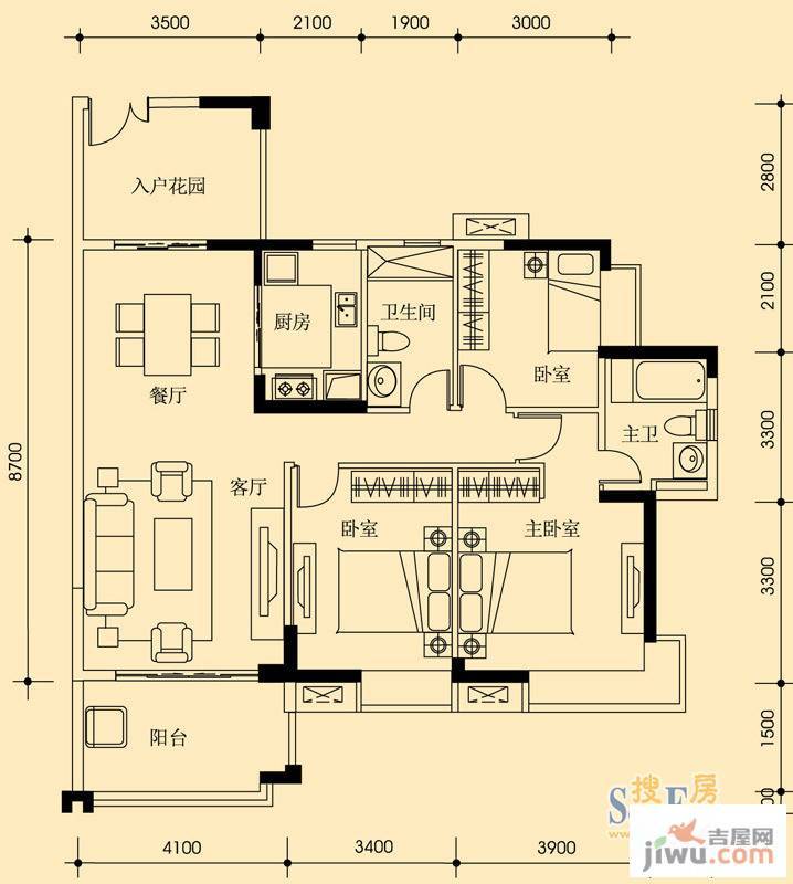 富力桃园金街3室2厅2卫128㎡户型图