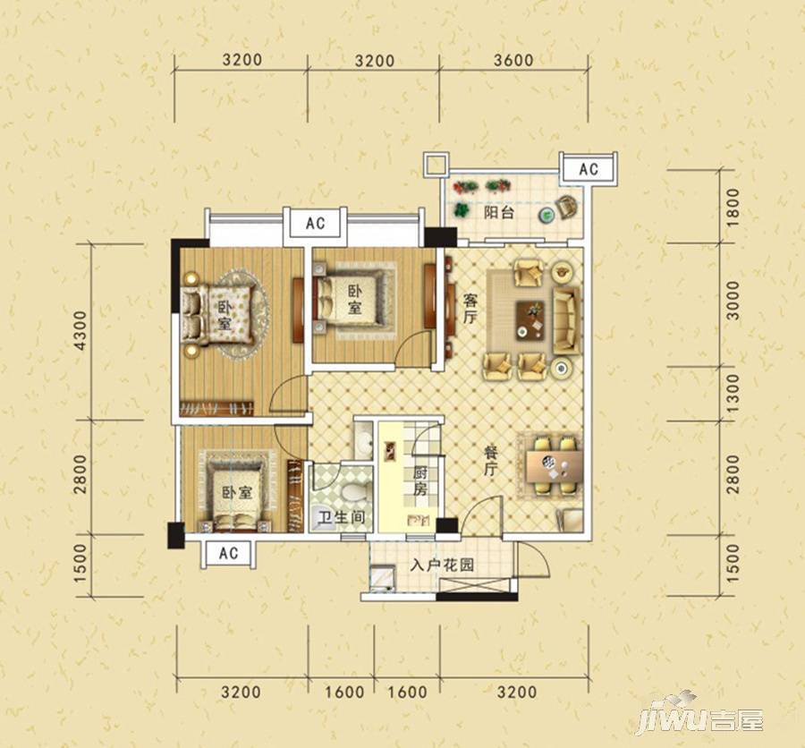 大月龙湖尚城2室2厅1卫90.1㎡户型图